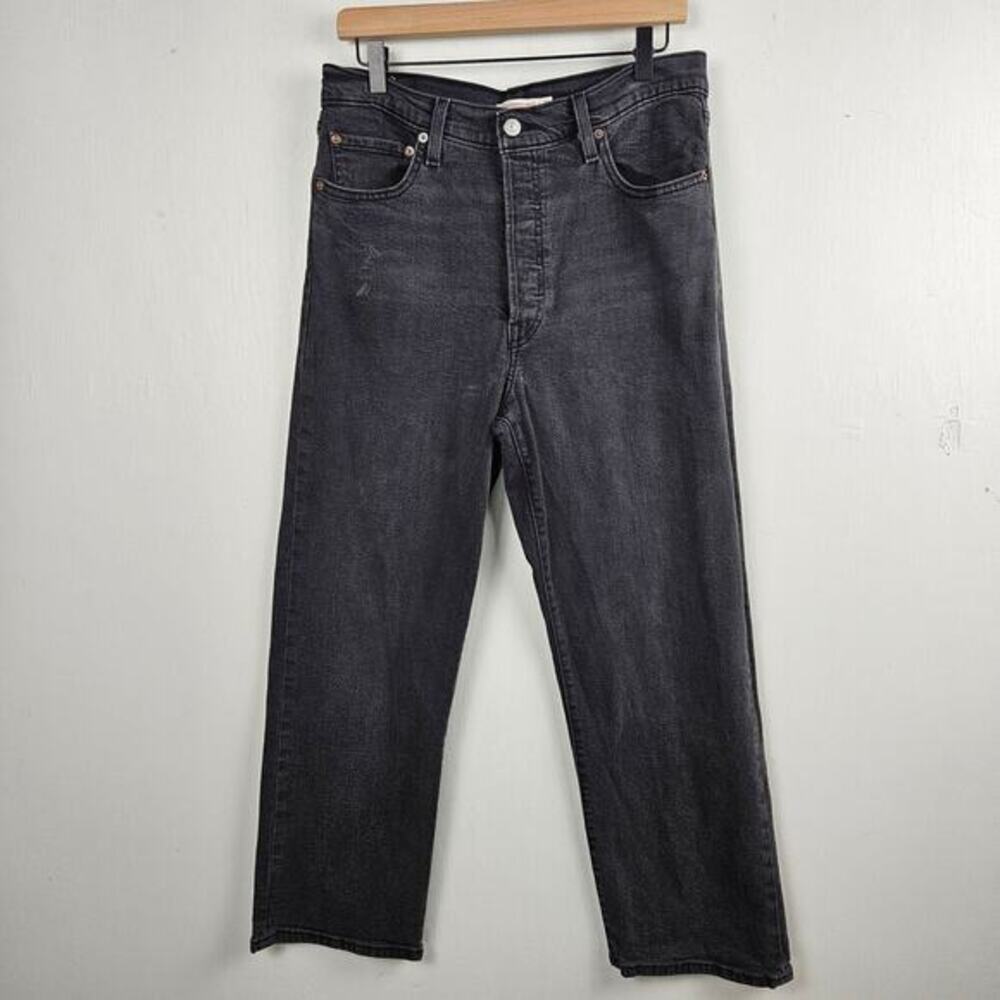 Levi's Ribcage‎ Stright Ankle Jeans 31 Washed Black Button Fly High Rise